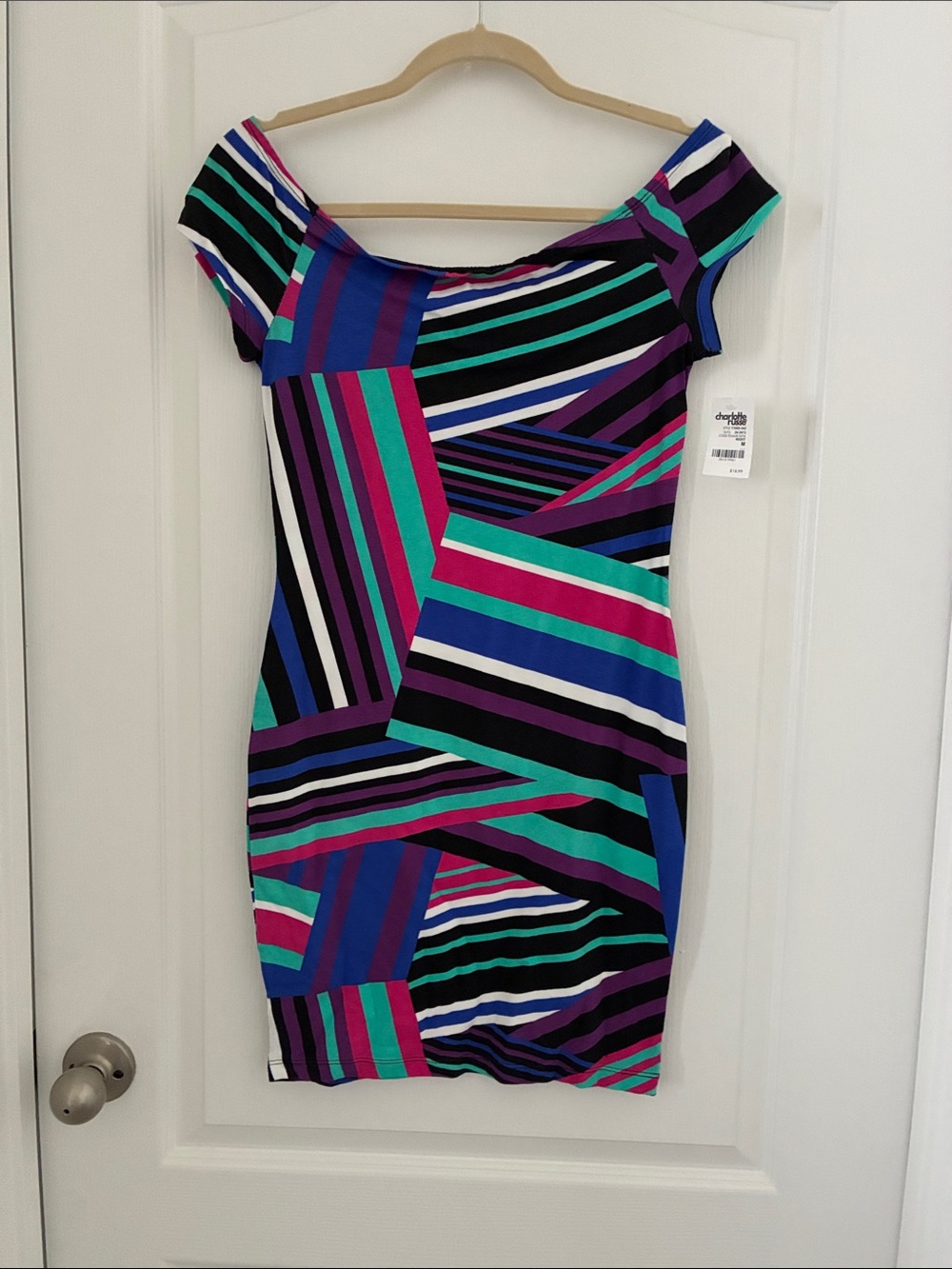 Charlotte Russe One-Shoulder Striped Bodycon Dress in Teal, Purple & Black